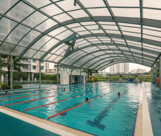 Modern covered pool in Singapore with families, rain on canopy, lush greenery, vivid colors.