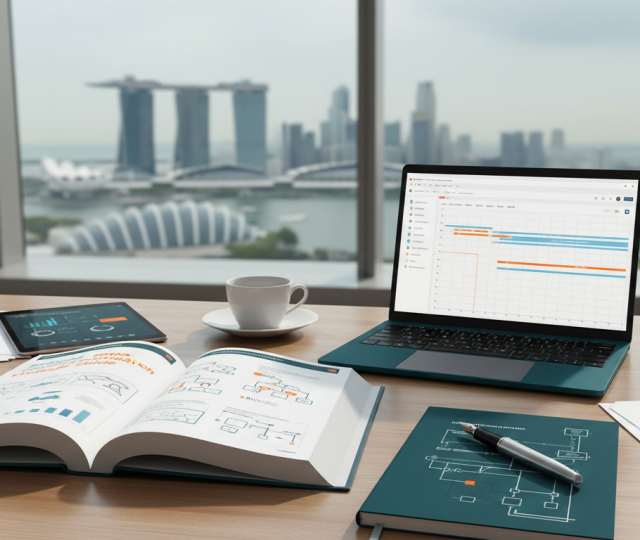 Modern desk with PMP guide, laptop showing Gantt chart, Marina Bay skyline view.