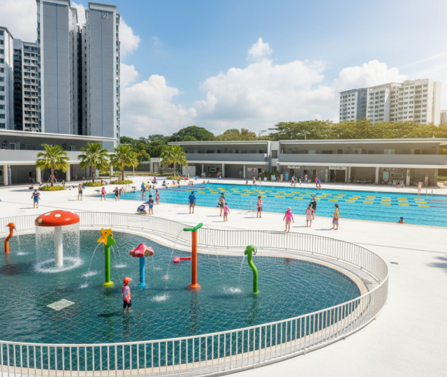 Modern outdoor swimming complex with children's pools, families, tropical plants, and Singapore HDBs.