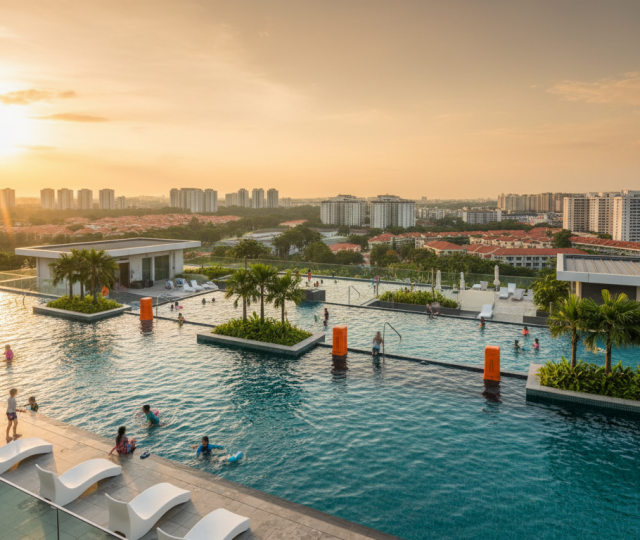 Modern rooftop pool complex, families playing, Tampines skyline, tropical plants, golden hour light.