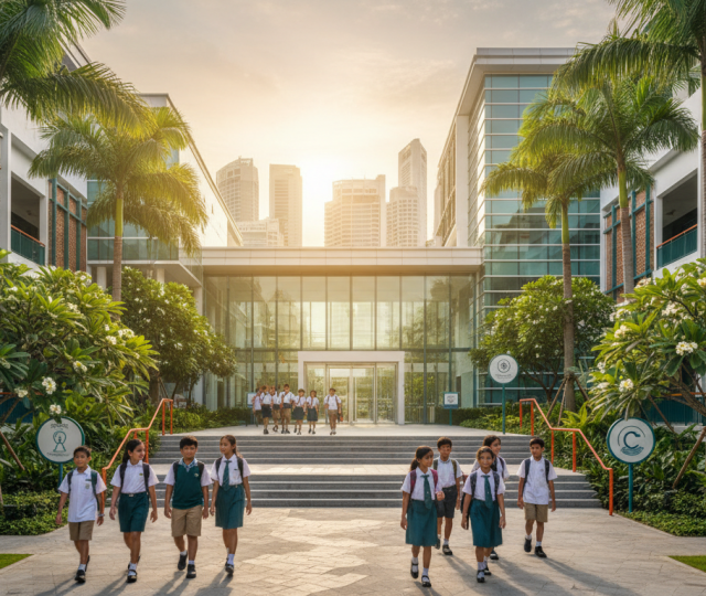 Modern school campus in Singapore with glass architecture, lush greenery, diverse students, warm lighting.