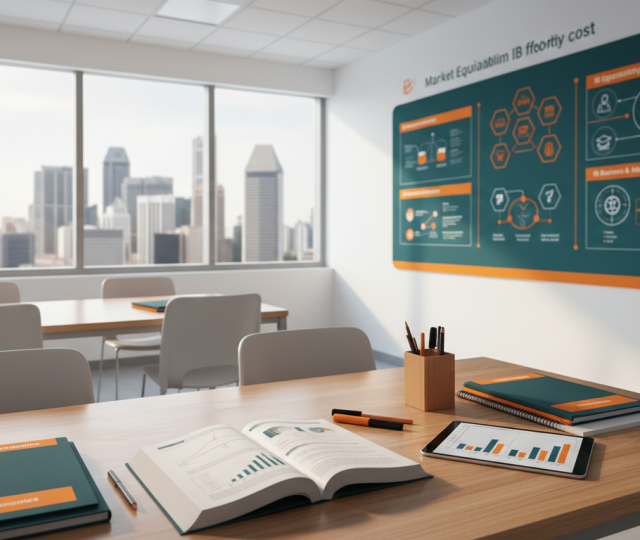 Modern Singapore classroom with economics textbook, tablet, skyline view.
