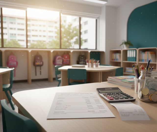 Modern Singapore classroom with fee documents and school supplies, warm natural light.