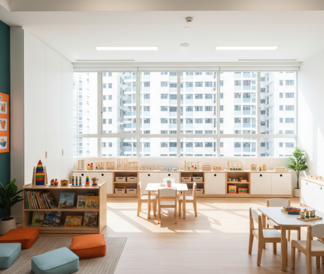 Modern Singapore preschool classroom with Montessori materials, HDB view, and warm daylight.