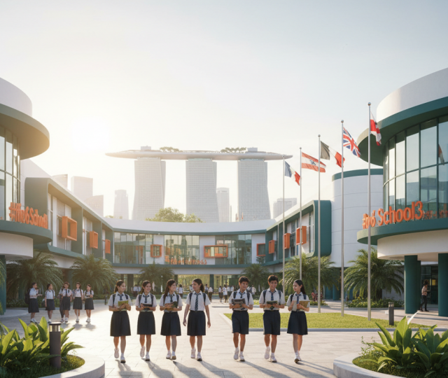 Modern Singapore school campus with diverse students, glass facades, tropical landscaping.