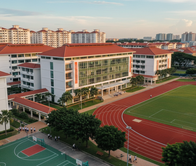 Modern Singapore school campus with students, glass building, sports facilities, lush greenery, HDB flats.