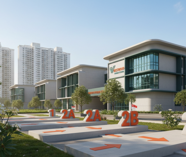 Modern Singapore school facade with HDB flats, numbered pathway, tropical plants.