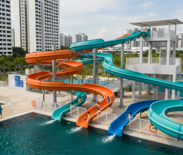 Modern Singapore swimming complex with vibrant slides, happy children, and HDB blocks in background.