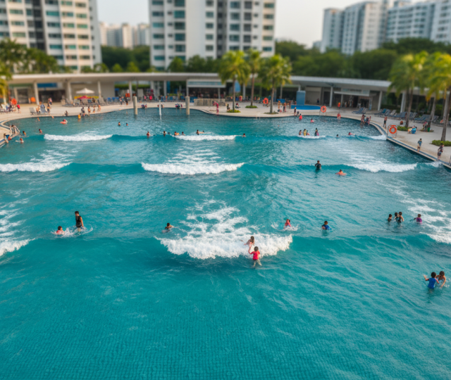 Modern Singapore swimming pool with wave feature, families enjoying turquoise water, palm trees, HDB blocks.
