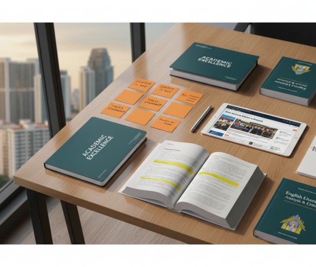 Modern Singapore tutoring center desk with study materials, tablet, skyline view.