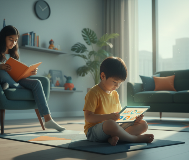 Modern Singaporean family with diverse children using technology, warm daylight, teal decor, balanced learning.