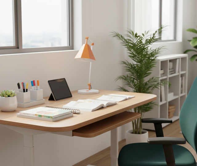Modern student desk with study materials, teal chair, and orange lamp in bright Singapore home.
