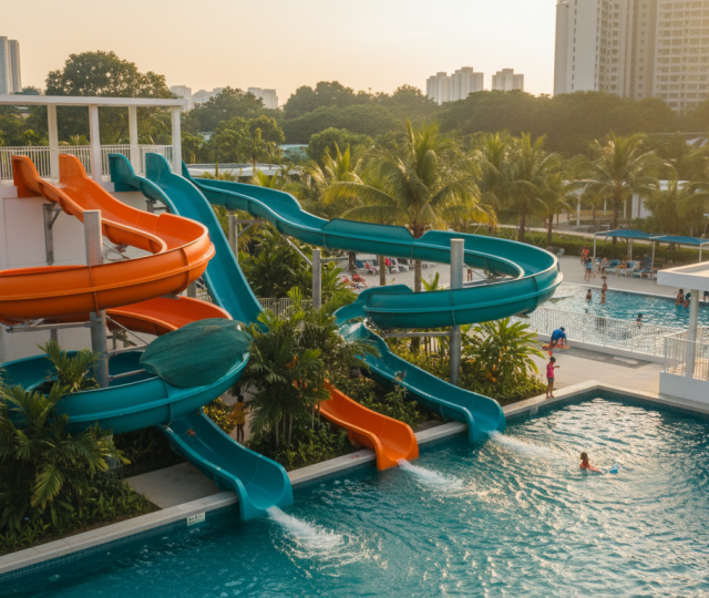 Modern tropical swimming complex with colorful slides, lush greenery, families enjoying, urban backdrop.