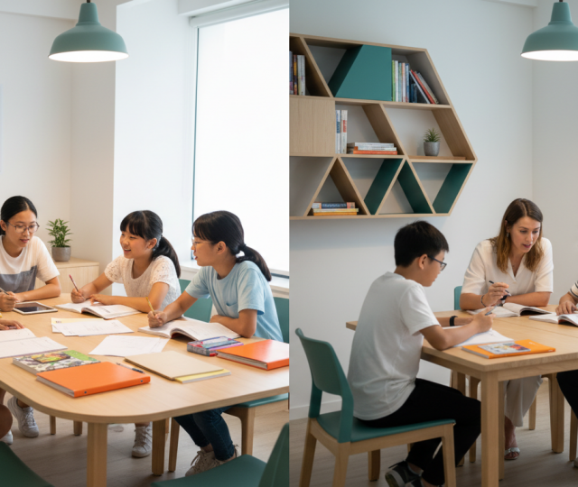 Modern tutoring scene with diverse students collaborating and focused one-on-one session, Singapore aesthetic.