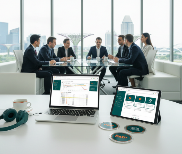 Modern workspace with laptop showing Gantt chart, certification badges, Marina Bay skyline view.