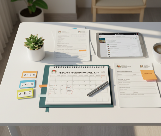 Organized Singapore parent's desk with school calendar, documents, flashcards, tablet, and coffee.