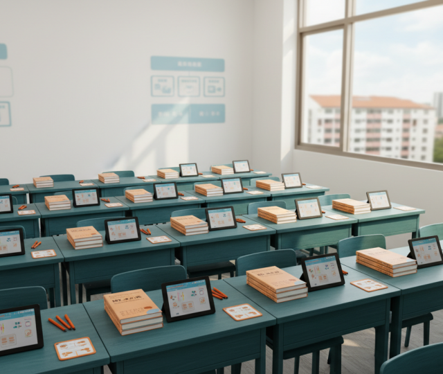 Overhead view of Singaporean classroom with wooden desks, tablets, and bilingual textbooks.