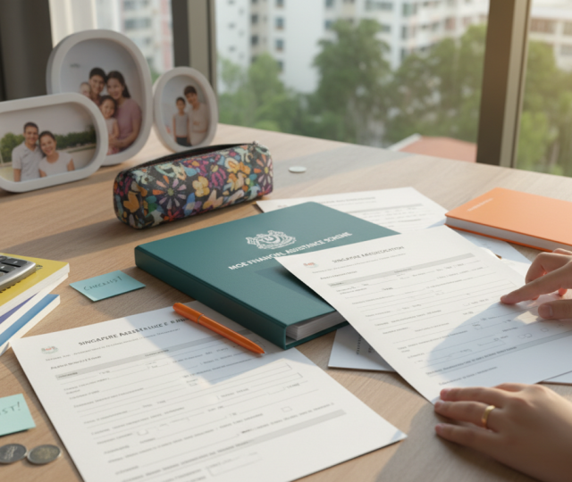 Parent reviews Singapore MOE forms on a desk with school supplies, tropical light through window.
