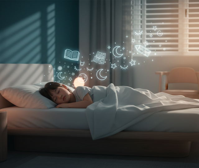 Peaceful Asian child sleeps in modern Singaporean bedroom, moonlight softly filters through blinds.