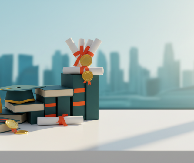Scholarship journey scene with books, cap, and certificates on desk, Marina Bay skyline in background.
