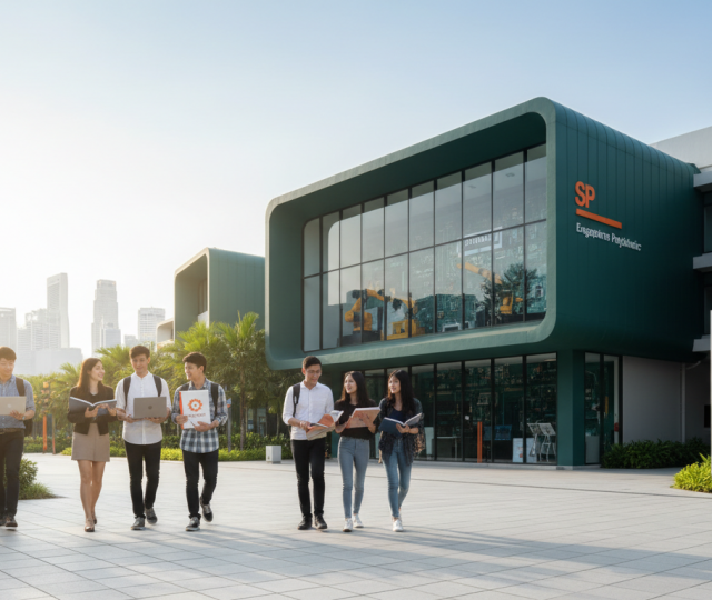 Singapore polytechnic campus with students, modern architecture, and skyline in background.