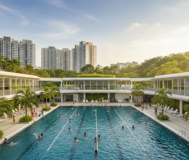 Singapore pool complex with Olympic-sized pool, families, tropical design, and HDB blocks.