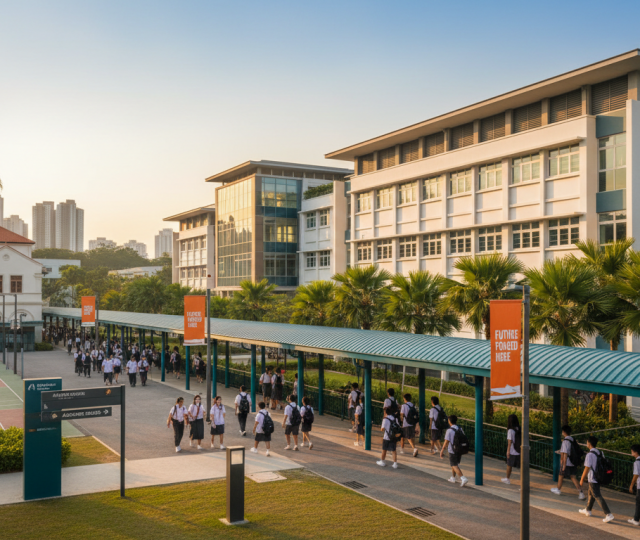 Singapore school campus with colonial-modern architecture at golden hour, students in uniforms walking, lush greenery, skyline in background.