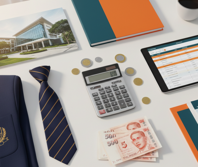 Singapore school cost planning with calculator, currency, uniform, tablet, and coffee on white desk
