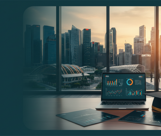 Singapore skyline at golden hour with business desk, MacBook, MBA brochures, and graduation cap.