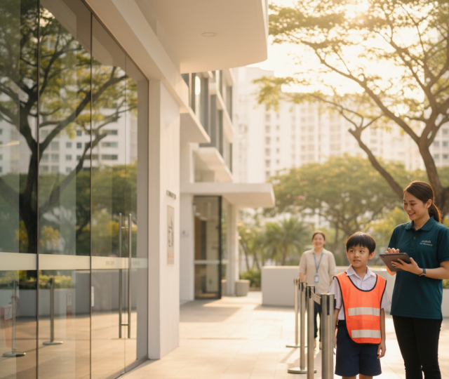 Singapore student care pickup zone at golden hour with staff checking protocols.