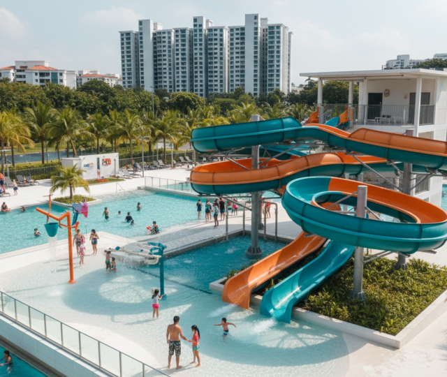 Singapore swimming complex with colorful slides, families enjoying pools, palm trees, sunny day.