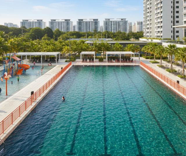 Singapore swimming complex with Olympic pool, kids' area, palm trees, and modern architecture.