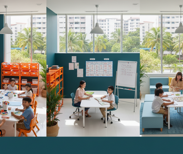 Singaporean after-school center with STEM, tutoring, and homework zones, tropical view.