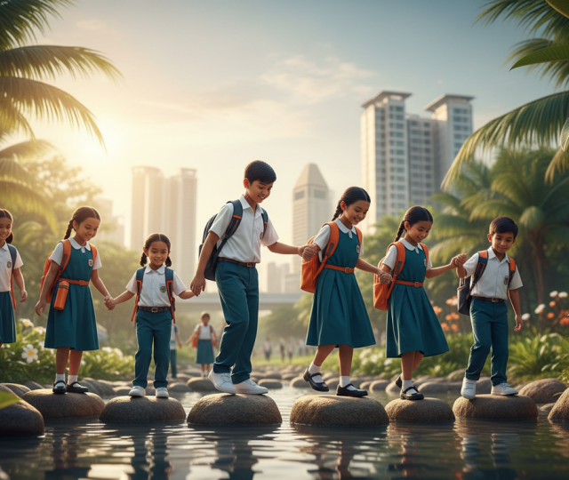 Singaporean children in school uniforms crossing a stream in a sunlit garden, skyline blurred.