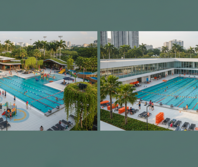 Split-screen aerial view of two Singapore pool complexes, families enjoying activities, tropical greenery, modern architecture.