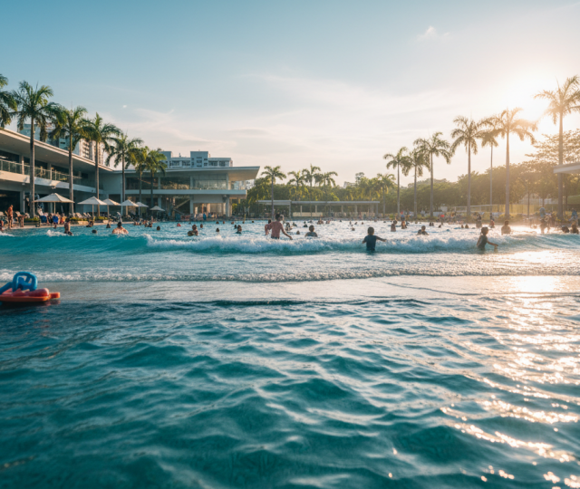 Wave pool at Singapore complex during golden hour, families in background, turquoise water, palm trees, HDB buildings, warm sunlight.