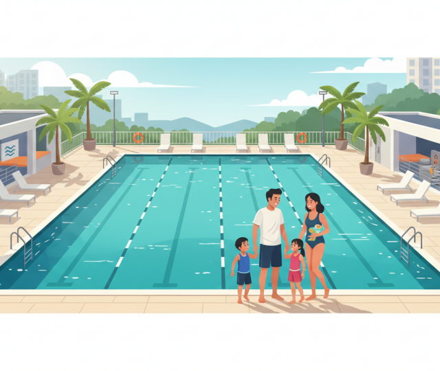 Aerial view of a family at a Singapore pool with turquoise water and tropical surroundings.