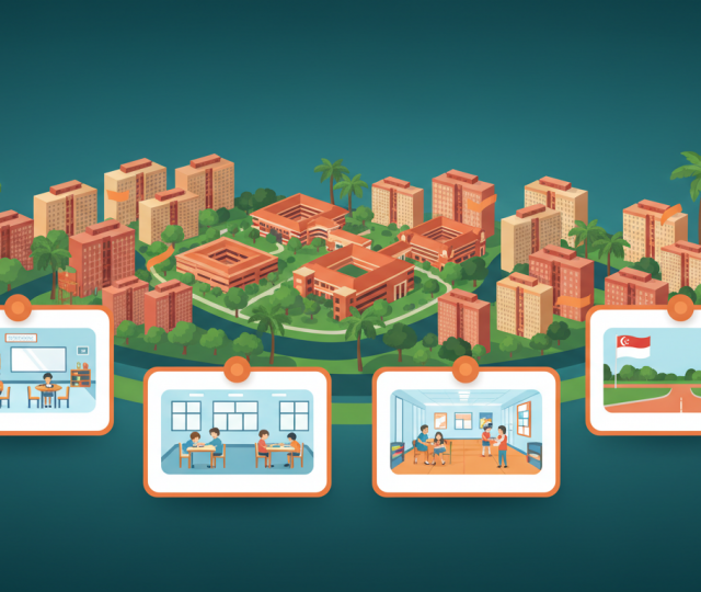 Aerial view of Clementi, Singapore with HDB blocks, NUS campus, educational vignettes in a modern flat design.