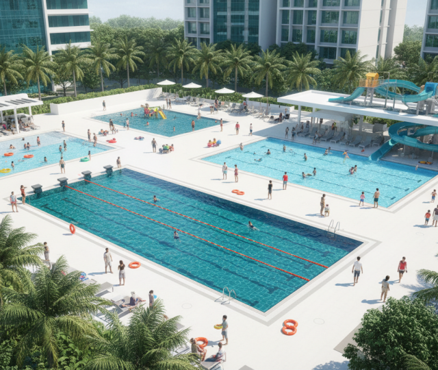 Aerial view of Singapore public swimming complex with pools, palm trees, families, vibrant colors, sunny day.