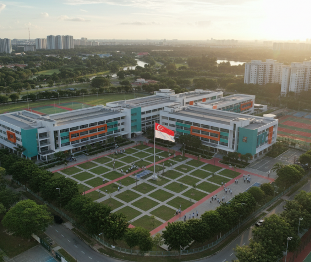 Aerial view of Singapore secondary school in Punggol, modern architecture, lush greenery, students in uniform.
