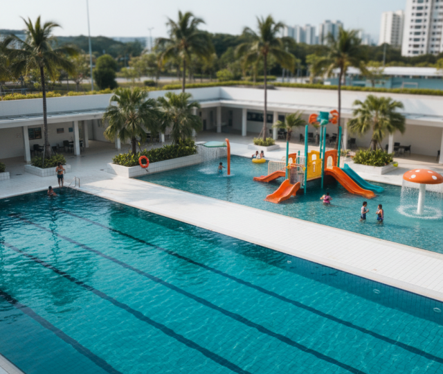Aerial view of Singapore's modern public swimming facility with turquoise lap pool, colorful play area, palm trees, happy families, and bright daylight.