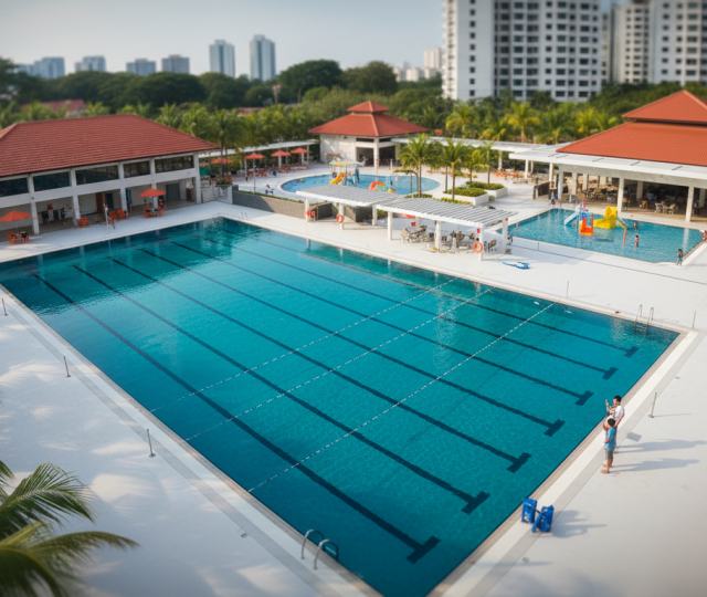 Aerial view of Singapore's modern swimming complex with Olympic pool, red-tiled roofs, and palm trees.