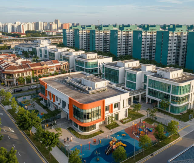 Aerial view of Singapore's Yishun district, featuring teal-roofed HDBs, a preschool with orange accents, playgrounds, and an MRT station under morning sunlight.