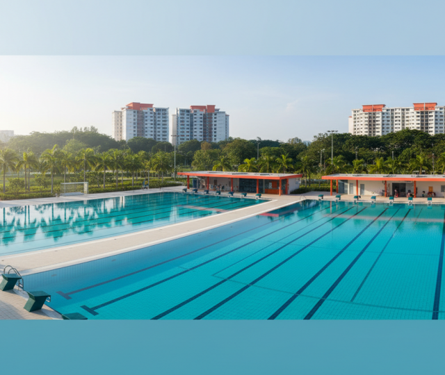 Aerial view of two Olympic pools in Singapore, palm trees, modern buildings, sunny day.