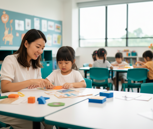 Asian educator kneels beside child engaging in learning in a bright Singapore classroom.