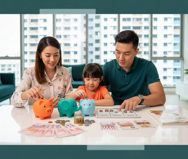Asian family budgeting with colorful piggy banks in a bright Singapore HDB living room.