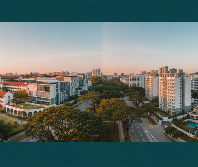 Bukit Timah's colonial and modern schools amid lush foliage at golden hour