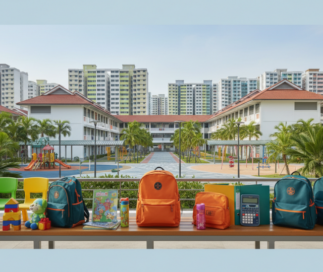 Colorful Singapore HDB neighborhood with school bags, modern architecture, and lush greenery.