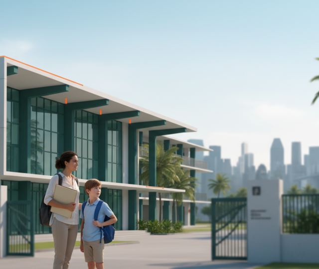 Confident multicultural family outside modern Singapore school, lush greenery, skyline backdrop.