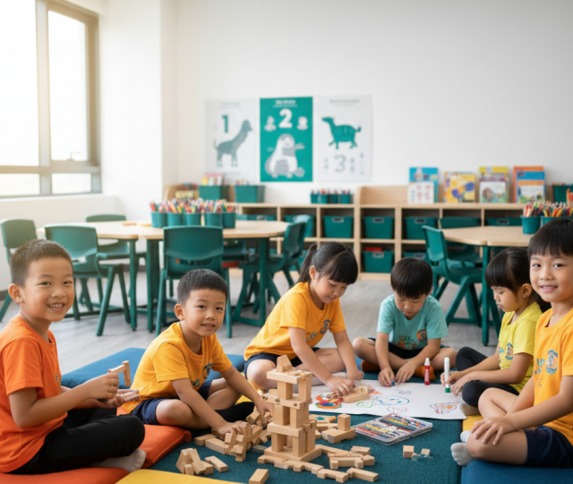 Diverse Asian children playing and learning in a bright Singapore classroom with blocks and art supplies.